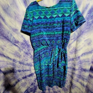 J Steven's Women's Vintage Midi Blue And Teal Faux Wrap Dress Size 10